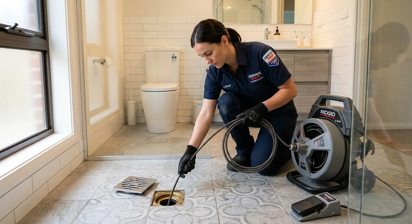 Technician clearing a bathroom floor drain for Drain Repair in New Milford